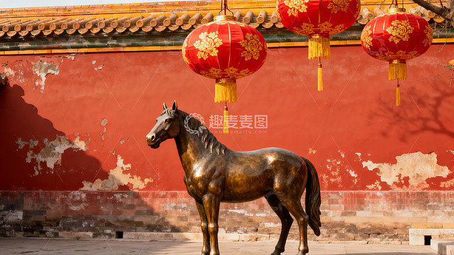 古建筑前的铜马与红灯笼
