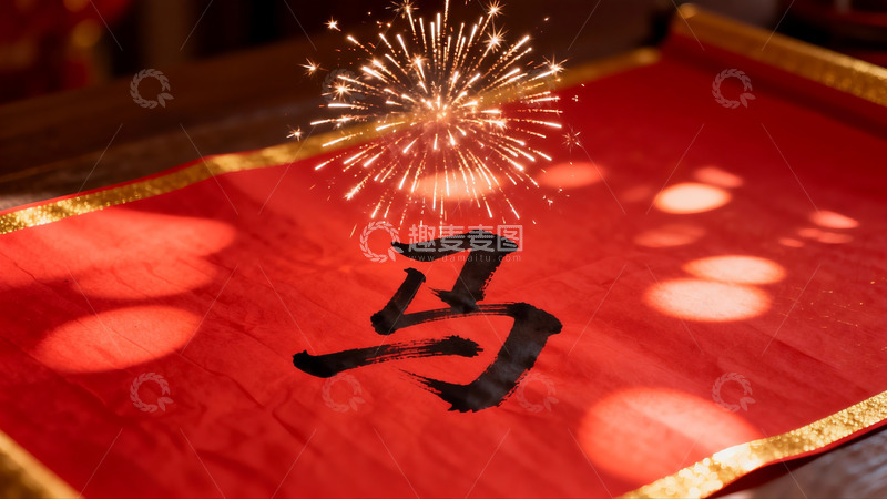 高清大图下载【趣麦麦图】烟花映衬红色书法马字