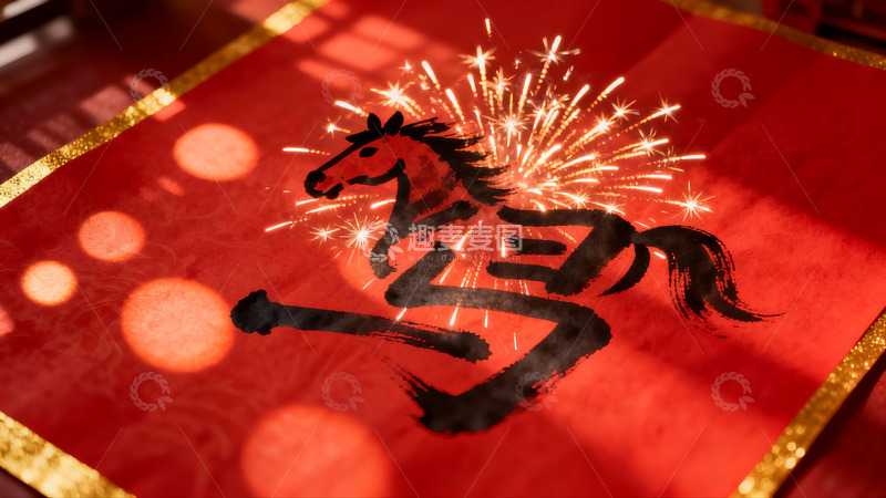 高清大图下载【趣麦麦图】红色纸张上的马形烟花图案
