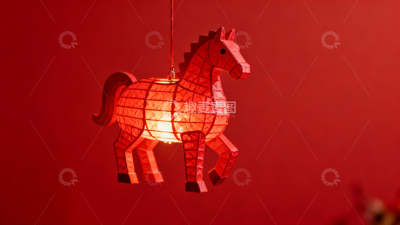 高清大图下载【趣麦麦图】红色背景下的马形纸灯笼