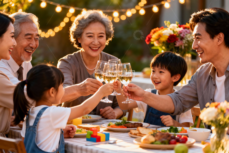 高清大图下载【趣麦麦图】家庭户外聚餐举杯欢庆