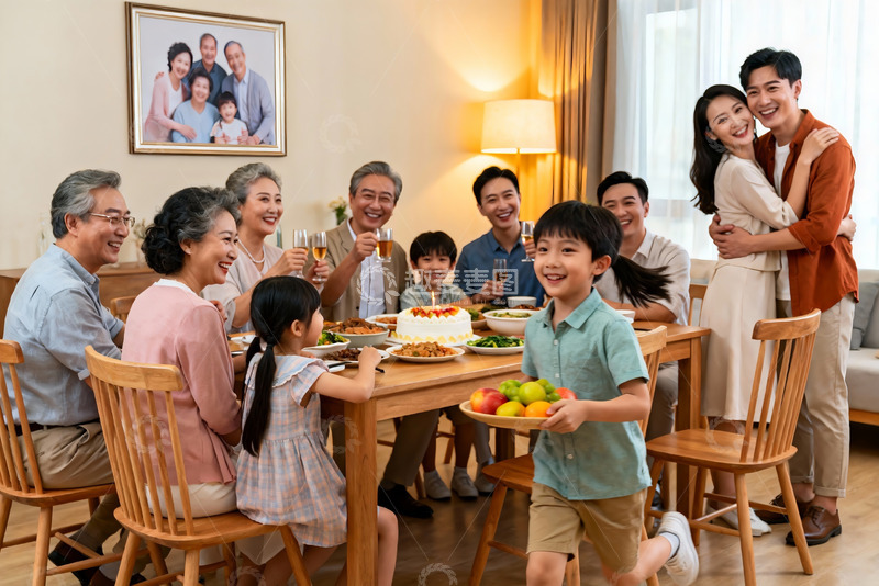 高清大图下载【趣麦麦图】三代同堂家庭聚餐温馨场景