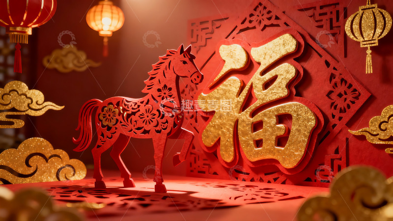 高清大图下载【趣麦麦图】红色剪纸马与福字装饰