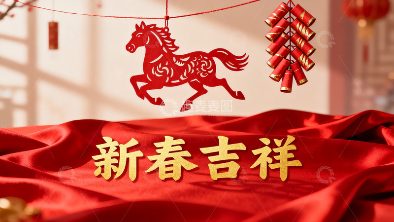 高清大图下载【趣麦麦图】新春剪纸挂饰红布背景