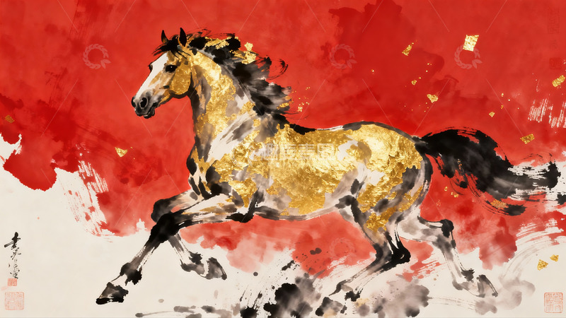 高清大图下载【趣麦麦图】奔腾骏马水墨画