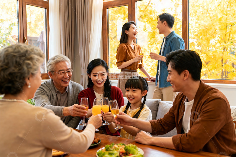 高清大图下载【趣麦麦图】三代同堂家庭聚餐举杯欢庆