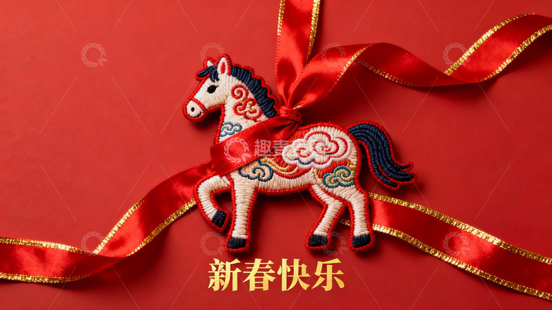 高清大图下载【趣麦麦图】红色背景上的刺绣马装饰