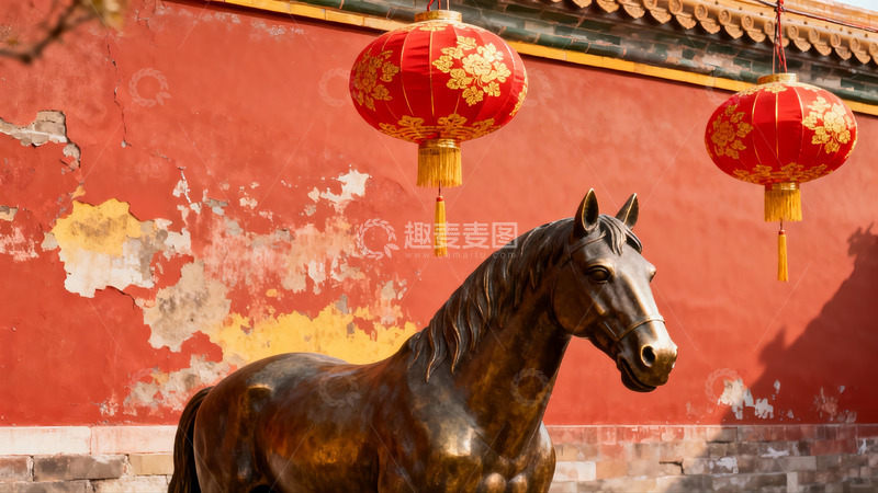 高清大图下载【趣麦麦图】古铜马像与红灯笼
