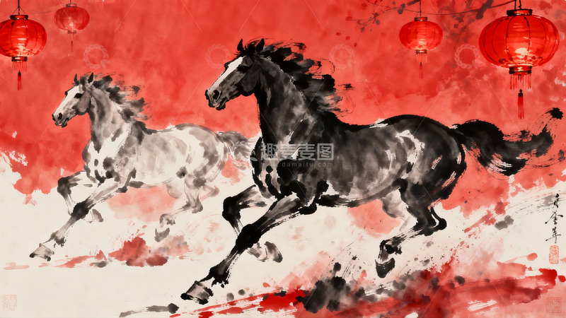 高清大图下载【趣麦麦图】水墨画中骏马奔腾灯笼高挂