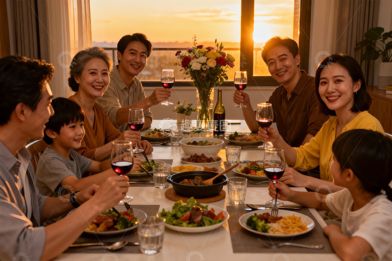 高清大图下载【趣麦麦图】夕阳下家庭聚餐举杯欢庆