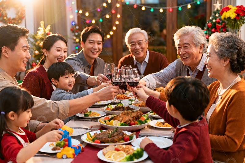高清大图下载【趣麦麦图】温馨家庭圣诞聚餐举杯欢庆