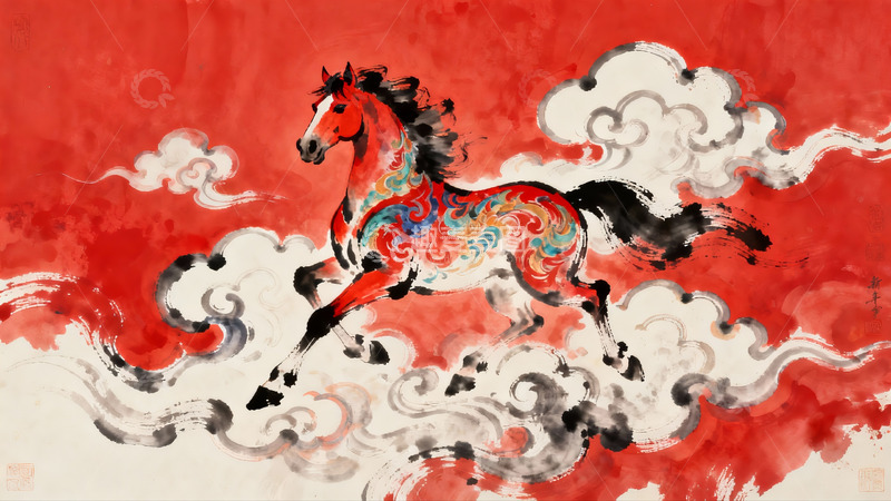 高清大图下载【趣麦麦图】彩绘骏马腾云驾雾