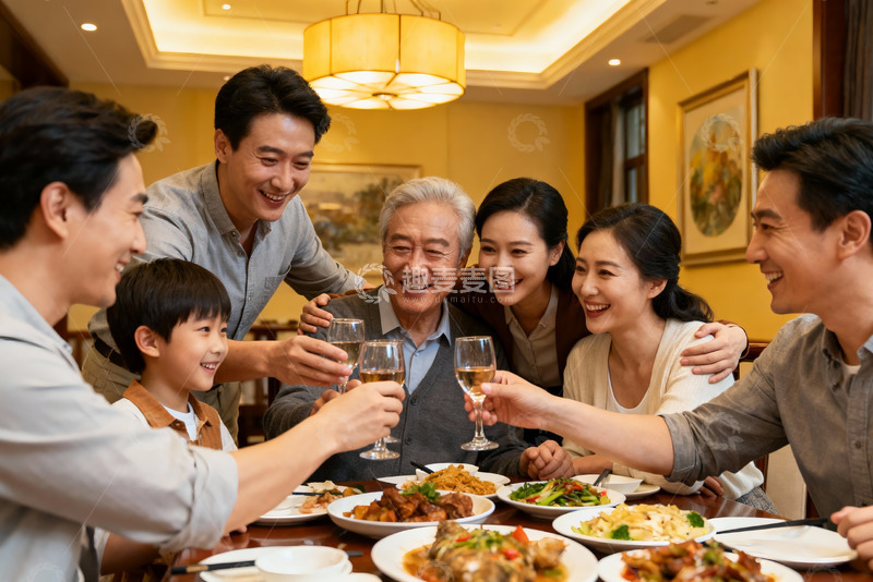 高清大图下载【趣麦麦图】三代同堂家庭聚餐举杯欢庆