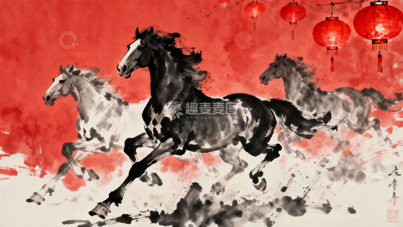 高清大图下载【趣麦麦图】水墨画奔马与红灯笼