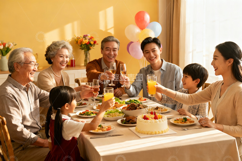 高清大图下载【趣麦麦图】三代同堂家庭聚餐庆生