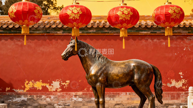 古建筑前的马雕与红灯笼