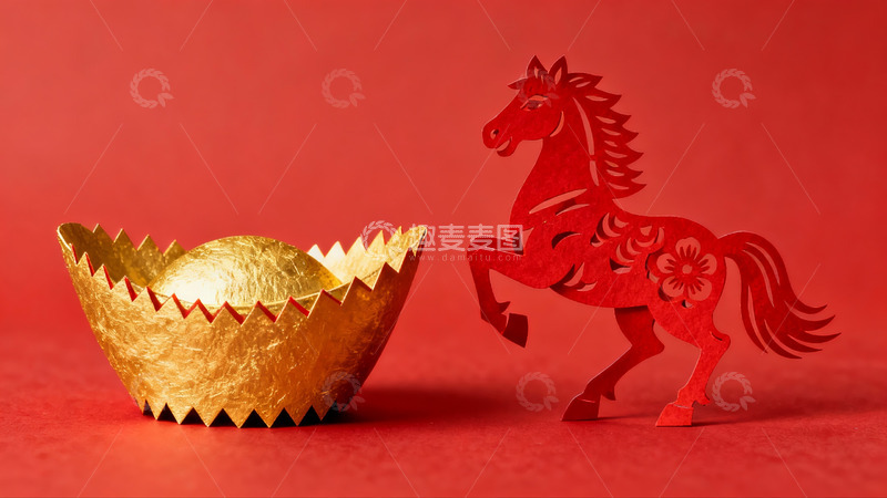 高清大图下载【趣麦麦图】红色背景上的金色元宝与剪纸马