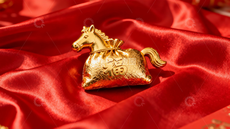 高清大图下载【趣麦麦图】金色马形福袋红绸布上