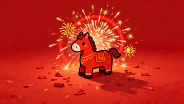 红色烟花中的卡通马形象