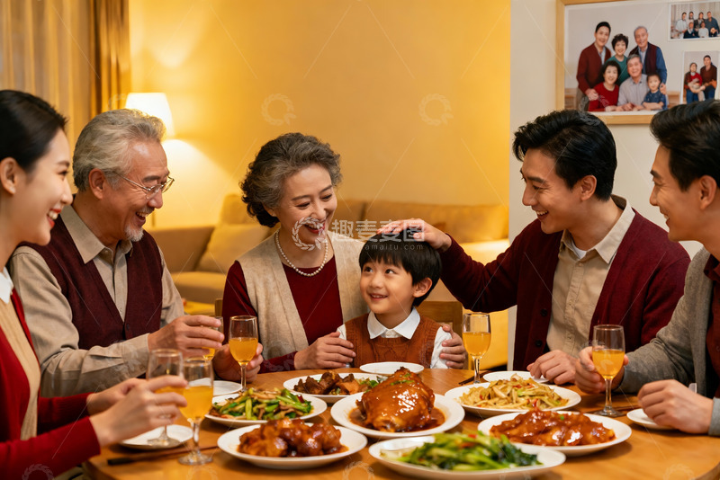 高清大图下载【趣麦麦图】三代同堂家庭聚餐温馨场景