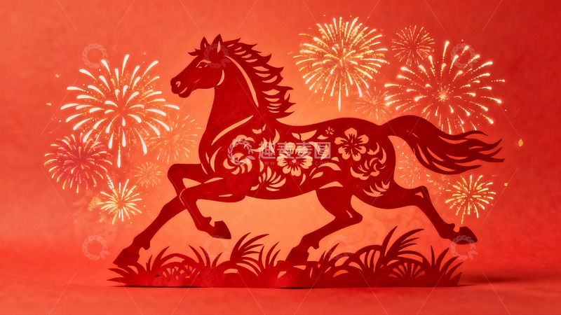 高清大图下载【趣麦麦图】红色剪纸骏马烟花背景图