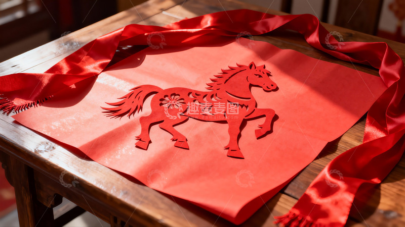 高清大图下载【趣麦麦图】红色剪纸马与丝带摆件