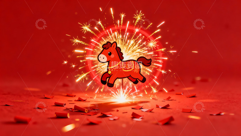 高清大图下载【趣麦麦图】红色背景卡通马烟花绽放