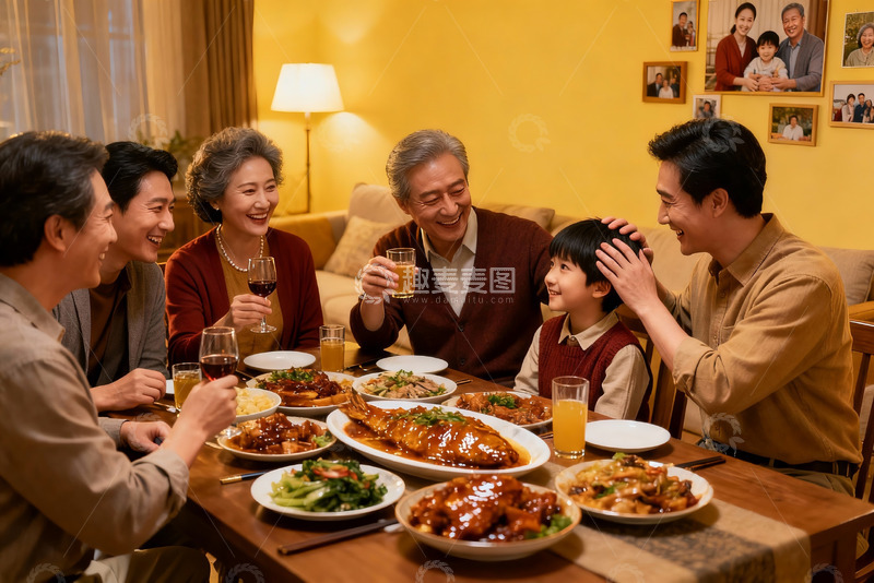 高清大图下载【趣麦麦图】三代同堂家庭聚餐温馨场景