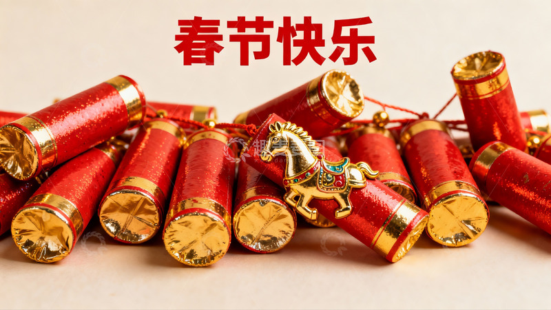 高清大图下载【趣麦麦图】春节红金鞭炮与马饰摆件