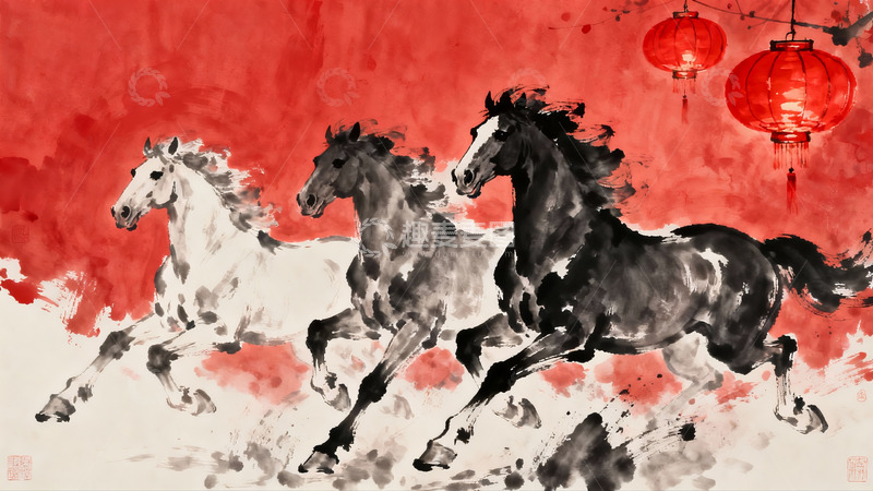 高清大图下载【趣麦麦图】水墨画三马奔腾灯笼高挂