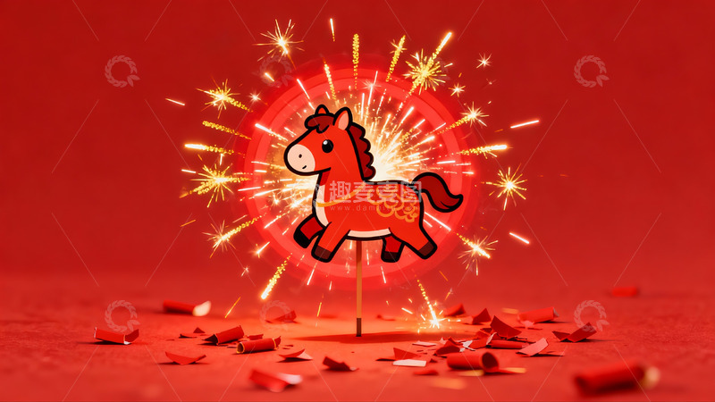 高清大图下载【趣麦麦图】红色背景卡通马与烟花