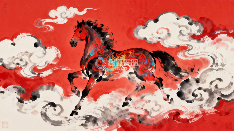 高清大图下载【趣麦麦图】红色背景下的彩绘奔马云纹图