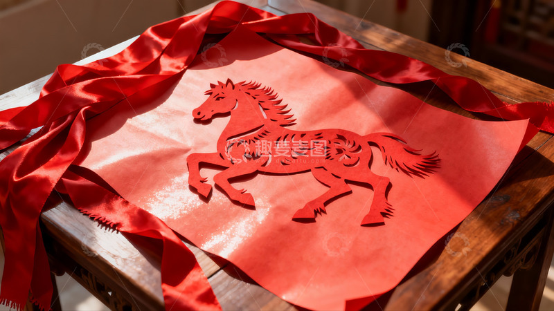 高清大图下载【趣麦麦图】红色剪纸马与丝带静物