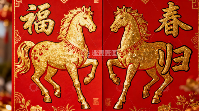 红色春联上的金色骏马图案