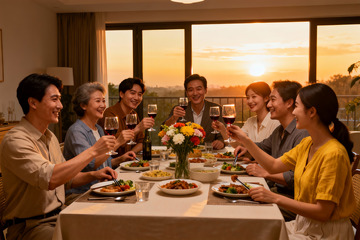 夕阳下家人聚餐举杯欢庆
