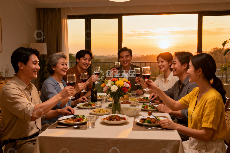 高清大图下载【趣麦麦图】夕阳下家人聚餐举杯欢庆