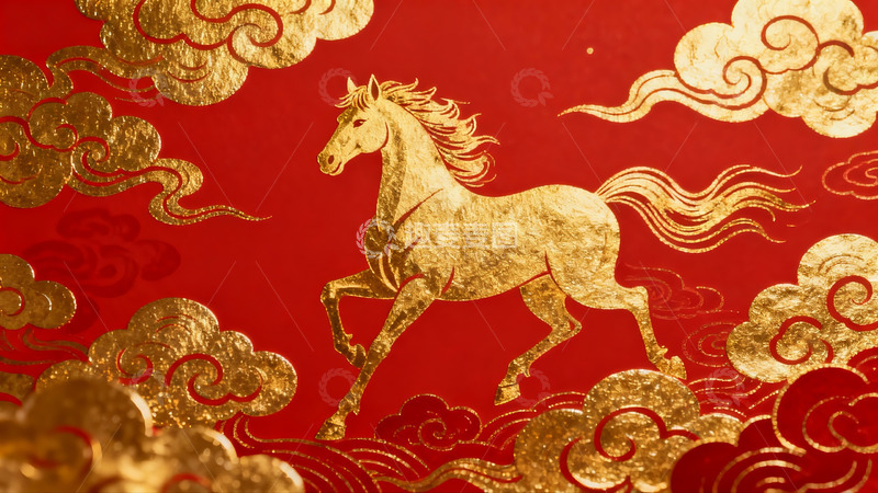 高清大图下载【趣麦麦图】金色骏马祥云图案红色背景