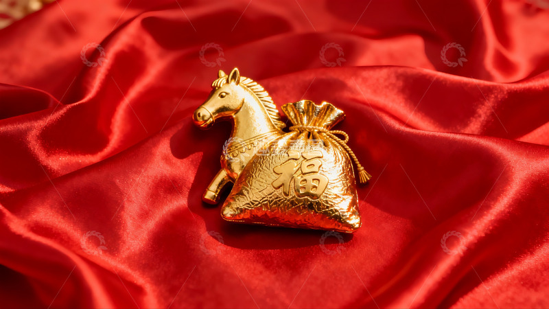 高清大图下载【趣麦麦图】金色马形摆件配红色绸缎