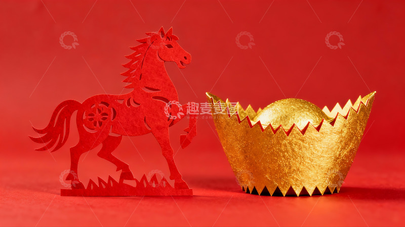 高清大图下载【趣麦麦图】红色背景下的剪纸马与金元宝