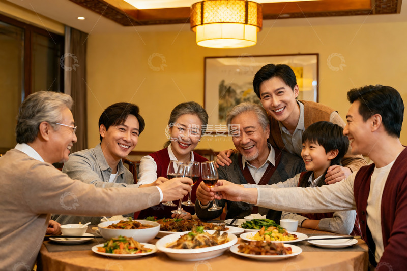 高清大图下载【趣麦麦图】三代同堂家庭聚餐举杯欢庆