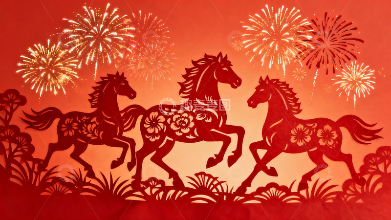 高清大图下载【趣麦麦图】剪纸艺术马匹烟花背景