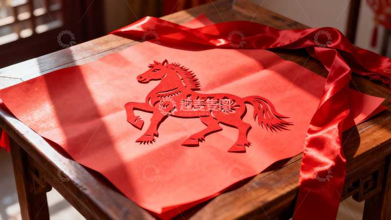高清大图下载【趣麦麦图】红色剪纸马与丝带木桌