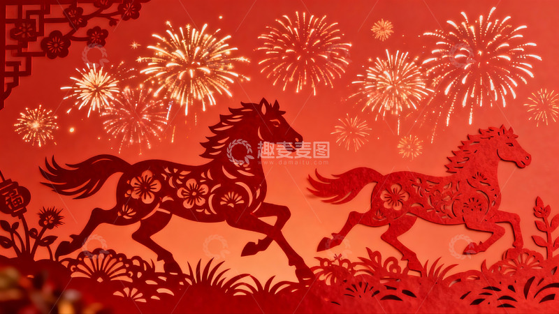 高清大图下载【趣麦麦图】红色剪纸马与烟花迎新年