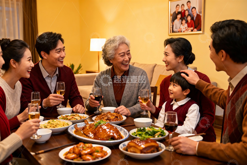 高清大图下载【趣麦麦图】家庭聚餐欢庆团圆时刻