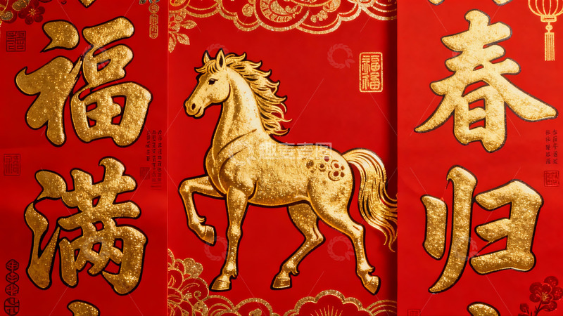 高清大图下载【趣麦麦图】春节红色对联与金色马图案