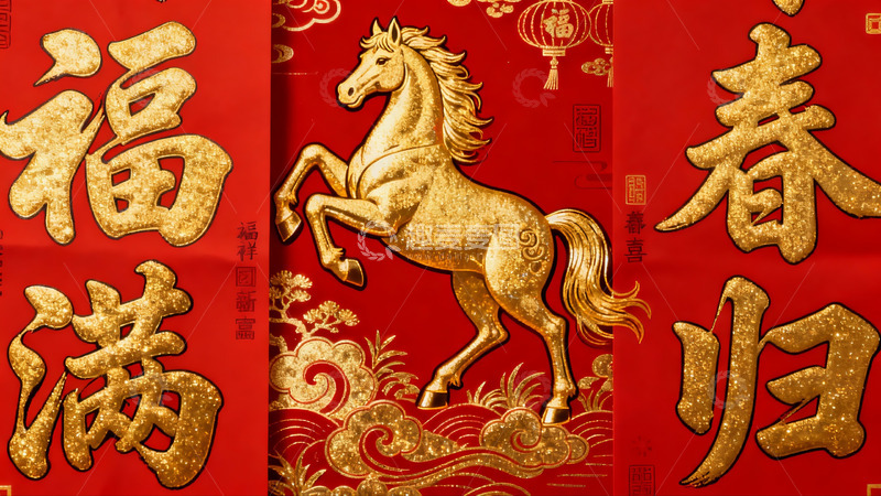高清大图下载【趣麦麦图】春节红色对联金马图案寓意吉祥