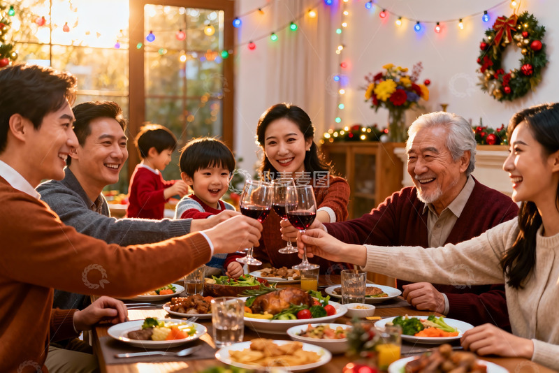 高清大图下载【趣麦麦图】温馨家庭圣诞聚餐举杯欢庆