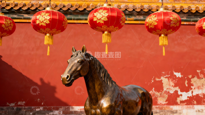 高清大图下载【趣麦麦图】古铜马像与红灯笼