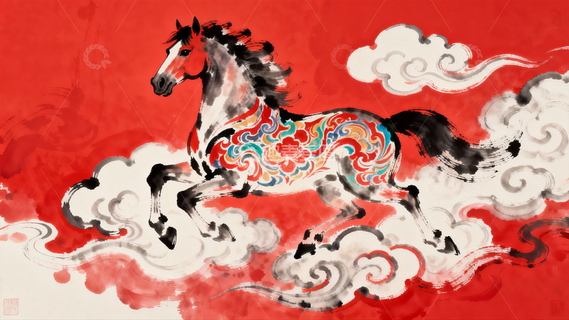 高清大图下载【趣麦麦图】红色背景彩绘骏马云中奔腾