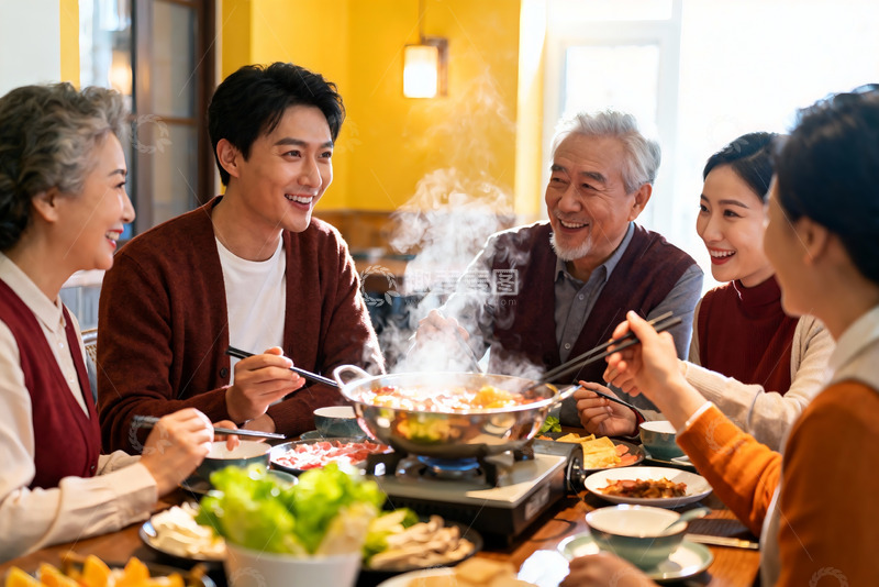 高清大图下载【趣麦麦图】家庭聚餐吃火锅其乐融融